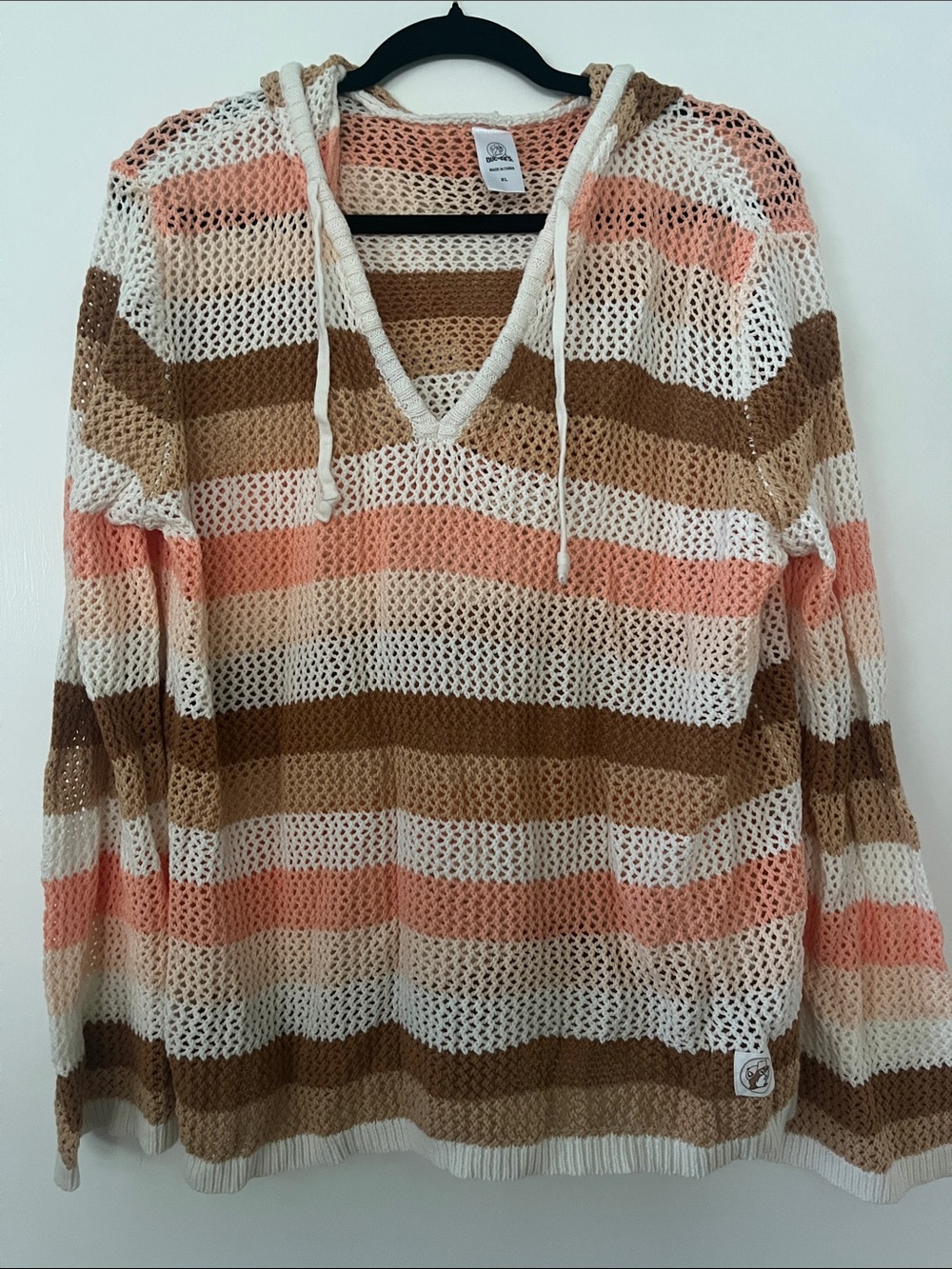 Striped Crochet V-Neck Hoodie Sweater in Cream, Coral & Brown